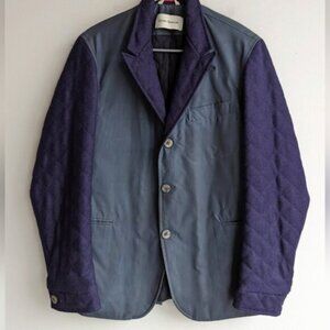 Oliver Spencer 100% cotton button down coat with purple quilted sleeves